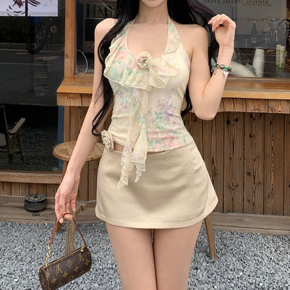 Crop Print Top Mini Skirt / Halter Neck