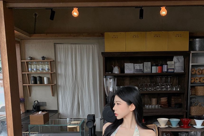 Crop Print Top Mini Skirt / Halter Neck