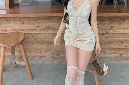 Crop Print Top Mini Skirt / Halter Neck