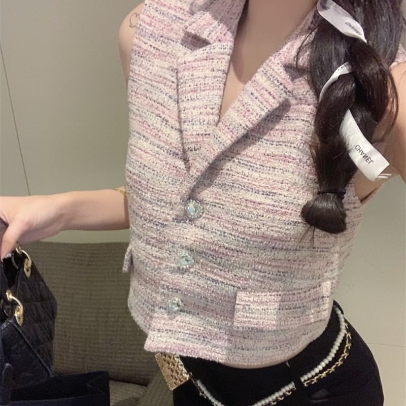 Lapel Collared Vest Sleeveless Crop