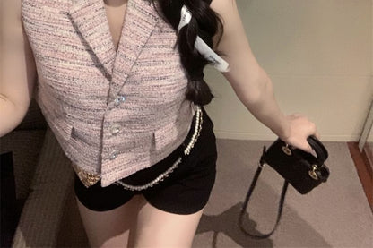 Lapel Collared Vest Sleeveless Crop