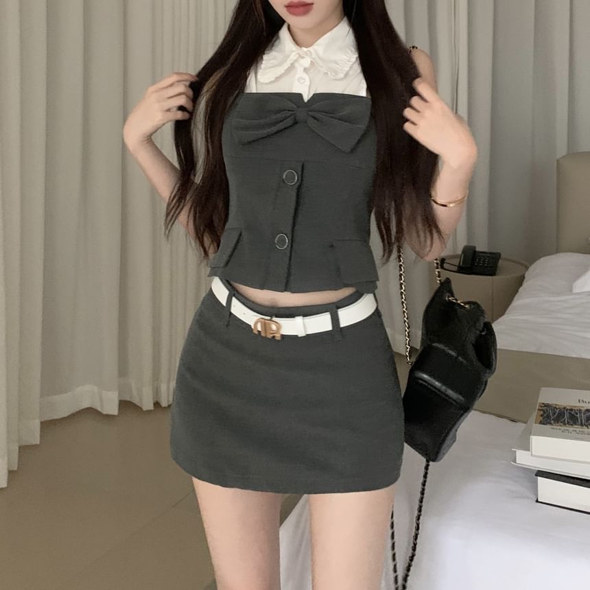 Mini Pencil Crop Camisole Plain Top Skirt Sleeveless Shirt Button-Up /