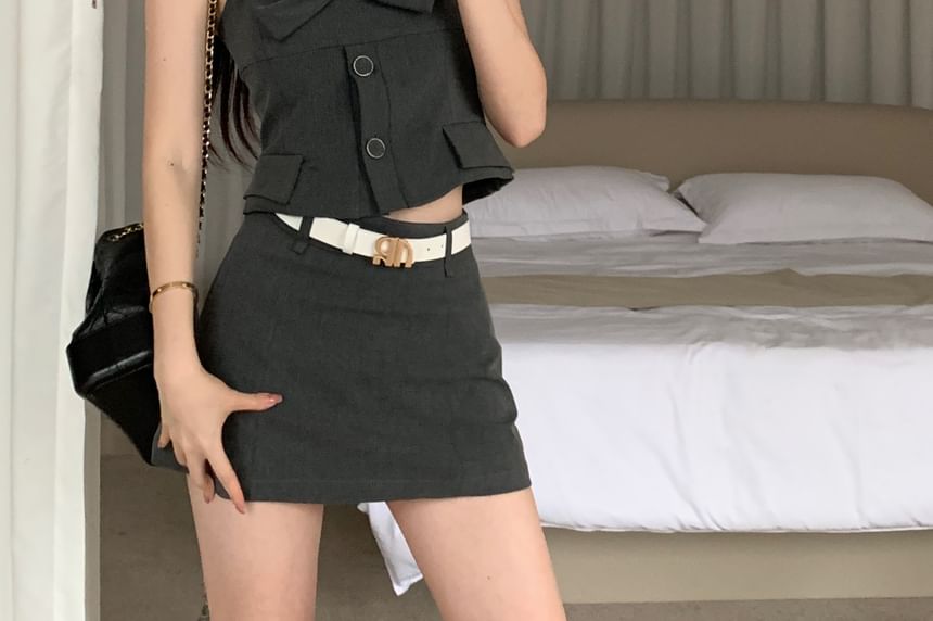 Mini Pencil Crop Camisole Plain Top Skirt Sleeveless Shirt Button-Up /