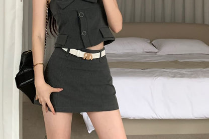 Mini Pencil Crop Camisole Plain Top Skirt Sleeveless Shirt Button-Up /