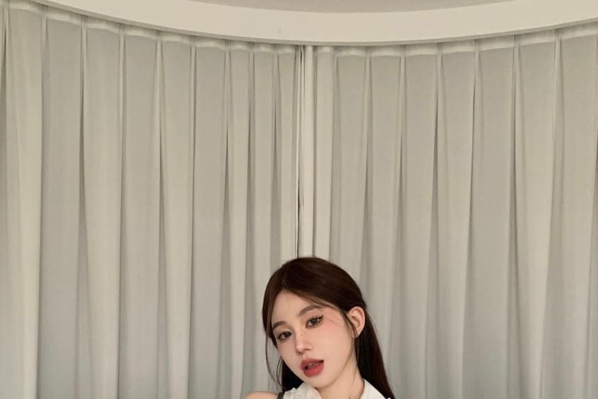 Mini Pencil Crop Camisole Plain Top Skirt Sleeveless Shirt Button-Up /