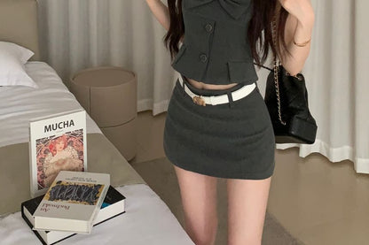 Mini Pencil Crop Camisole Plain Top Skirt Sleeveless Shirt Button-Up /