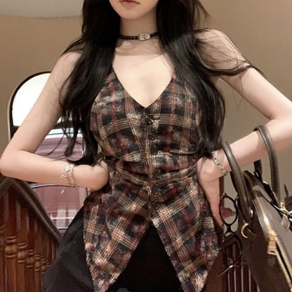 V-Neck Plaid Button-Up Sleeveless Top