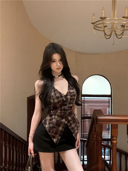 V-Neck Plaid Button-Up Sleeveless Top