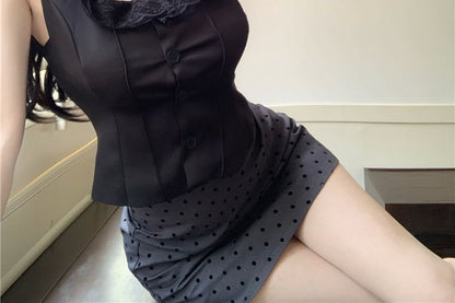 Frill Dotted / Plain Mini Neck Skirt Top Trim Square Sleeveless