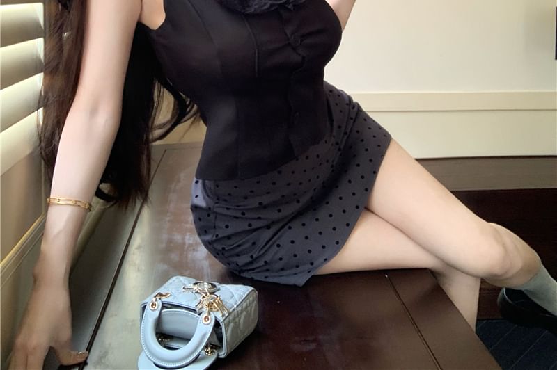 Frill Dotted / Plain Mini Neck Skirt Top Trim Square Sleeveless