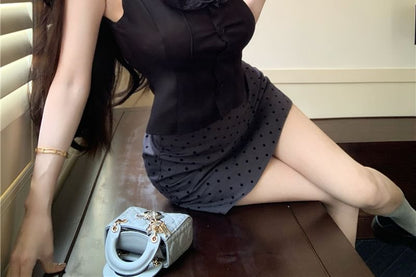 Frill Dotted / Plain Mini Neck Skirt Top Trim Square Sleeveless