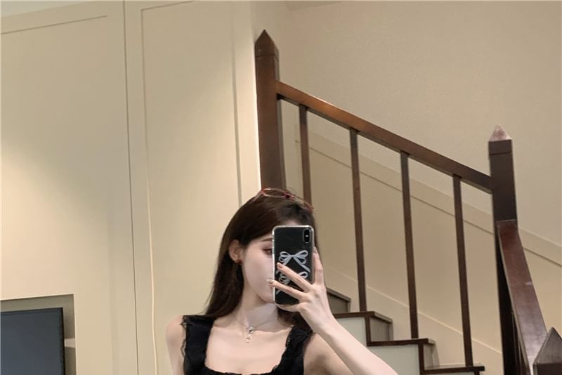 Frill Dotted / Plain Mini Neck Skirt Top Trim Square Sleeveless