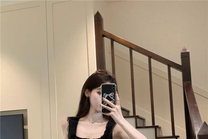 Frill Dotted / Plain Mini Neck Skirt Top Trim Square Sleeveless