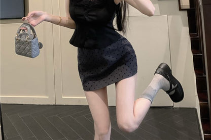 Frill Dotted / Plain Mini Neck Skirt Top Trim Square Sleeveless