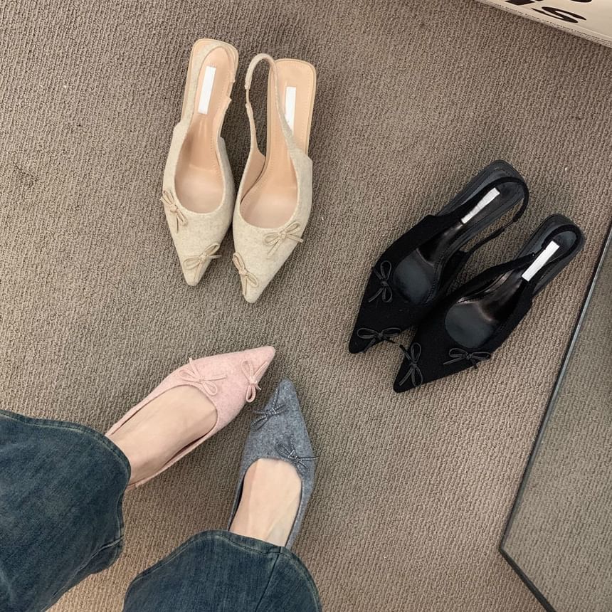 Pointy Kitten Heel Bow Slingback Sandals
