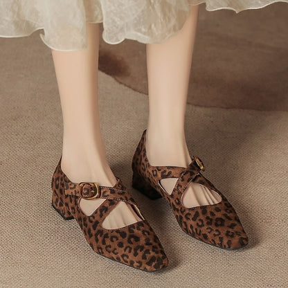 Mary Leopard Heel Jane Cross Shoes Chunky Strap Print