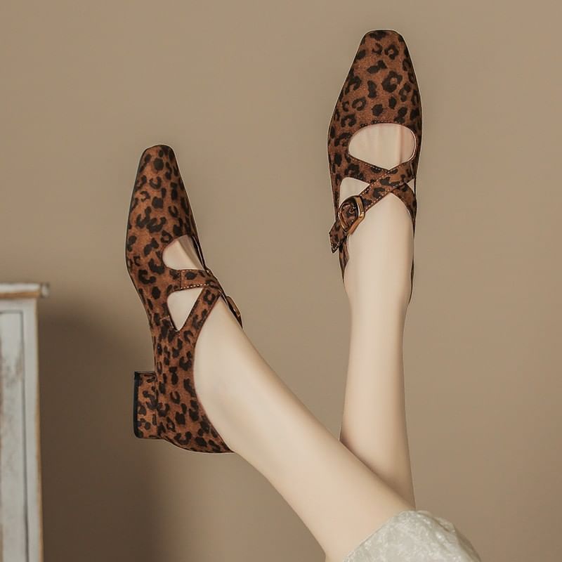 Mary Leopard Heel Jane Cross Shoes Chunky Strap Print