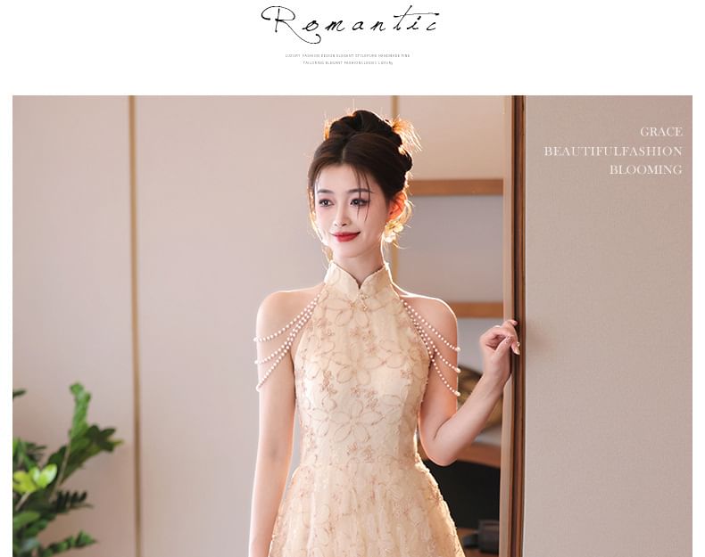 Evening Stand Pearl Dress Faux A-Line Fringed Collar Floral Jacquard Halter Neck