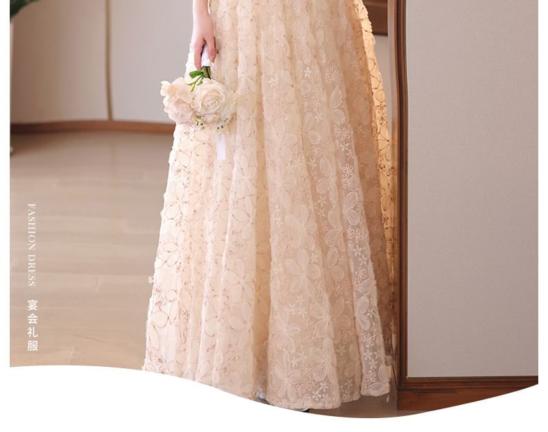 Evening Stand Pearl Dress Faux A-Line Fringed Collar Floral Jacquard Halter Neck