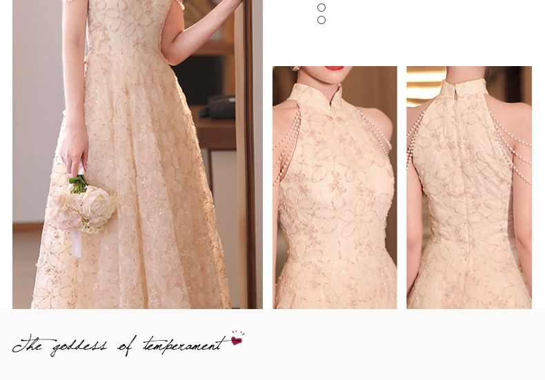 Evening Stand Pearl Dress Faux A-Line Fringed Collar Floral Jacquard Halter Neck