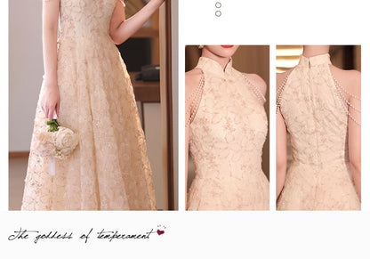 Evening Stand Pearl Dress Faux A-Line Fringed Collar Floral Jacquard Halter Neck