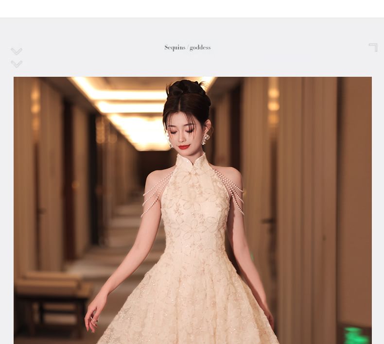 Evening Stand Pearl Dress Faux A-Line Fringed Collar Floral Jacquard Halter Neck