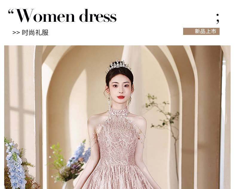 Neck Cutout Evening Gown Fringed Mock Back A-Line Pearl Halter Faux