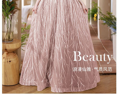 Neck Cutout Evening Gown Fringed Mock Back A-Line Pearl Halter Faux