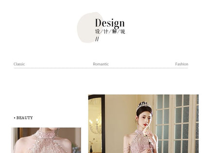 Neck Cutout Evening Gown Fringed Mock Back A-Line Pearl Halter Faux