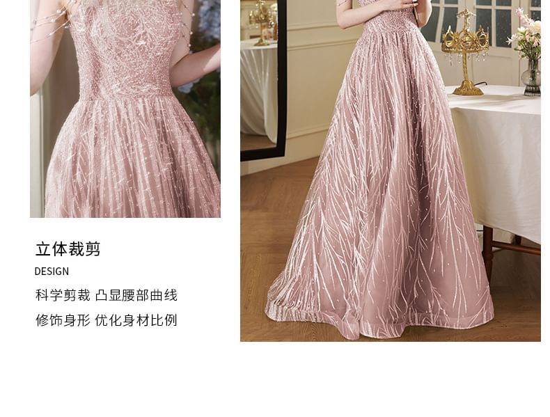 Neck Cutout Evening Gown Fringed Mock Back A-Line Pearl Halter Faux