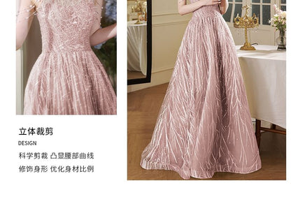 Neck Cutout Evening Gown Fringed Mock Back A-Line Pearl Halter Faux