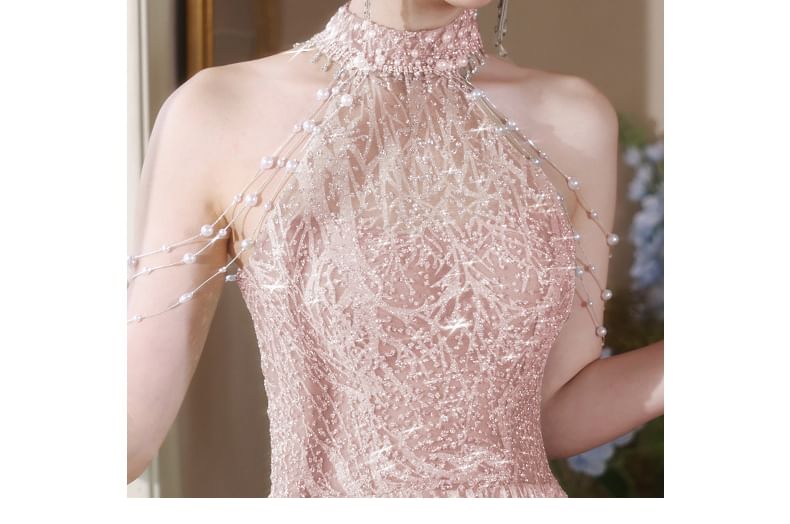 Neck Cutout Evening Gown Fringed Mock Back A-Line Pearl Halter Faux