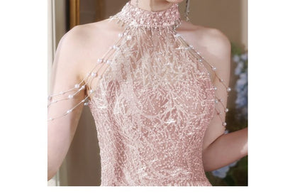 Neck Cutout Evening Gown Fringed Mock Back A-Line Pearl Halter Faux