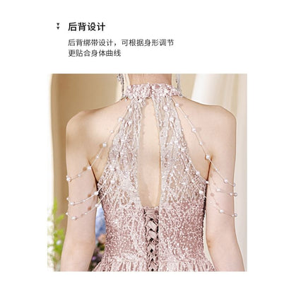 Neck Cutout Evening Gown Fringed Mock Back A-Line Pearl Halter Faux