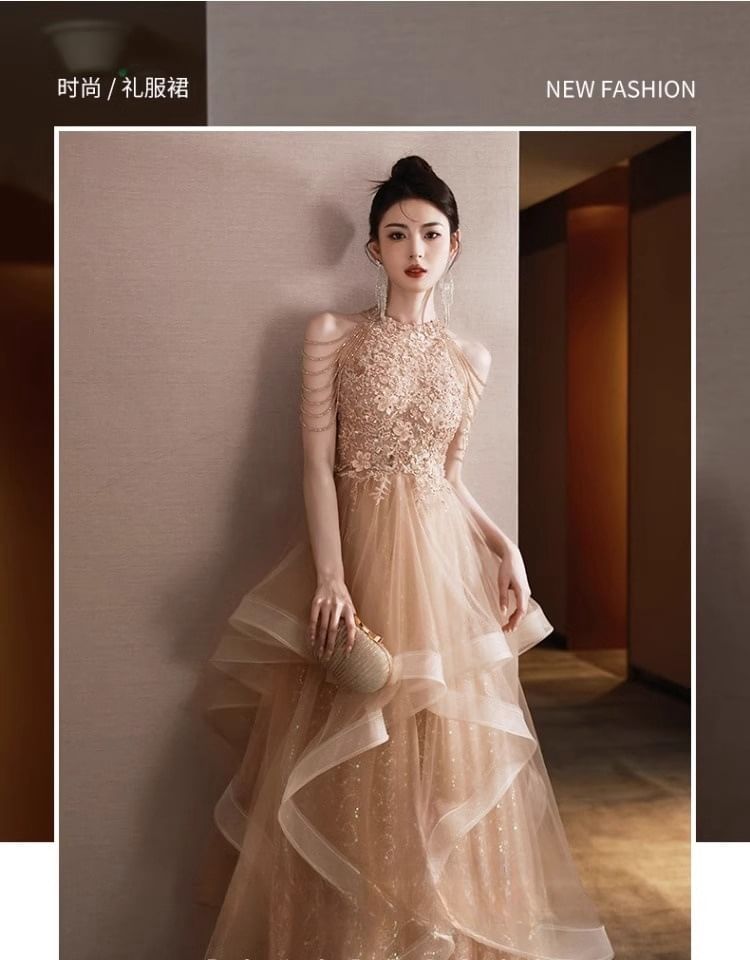 Gown Evening A-Line Neck Sequin Layered Floral Halter Fringed