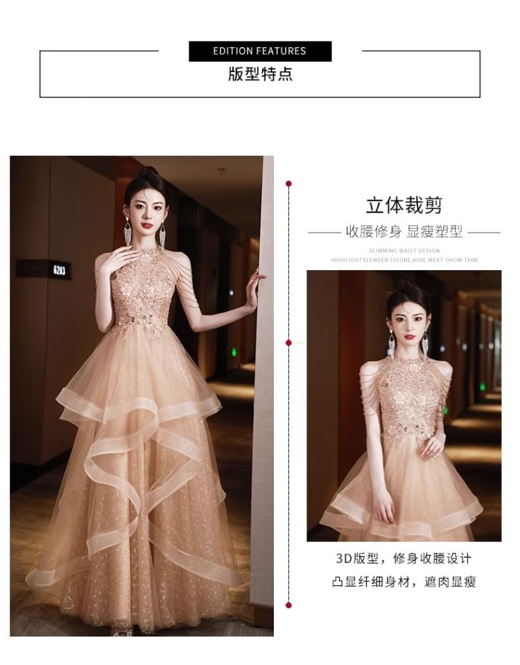 Gown Evening A-Line Neck Sequin Layered Floral Halter Fringed