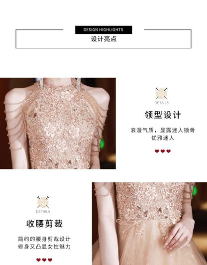 Gown Evening A-Line Neck Sequin Layered Floral Halter Fringed