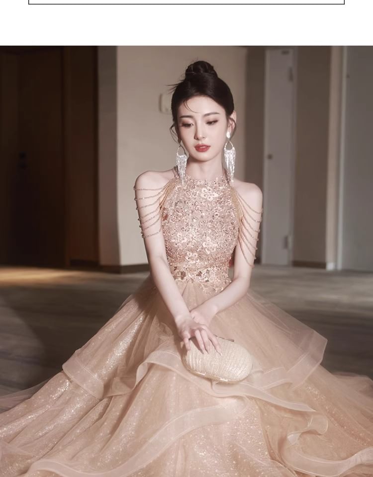 Gown Evening A-Line Neck Sequin Layered Floral Halter Fringed