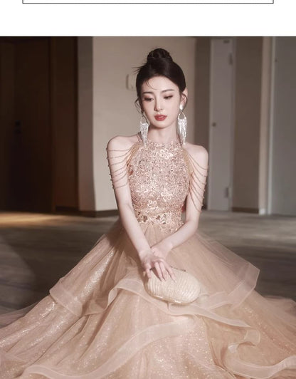 Gown Evening A-Line Neck Sequin Layered Floral Halter Fringed