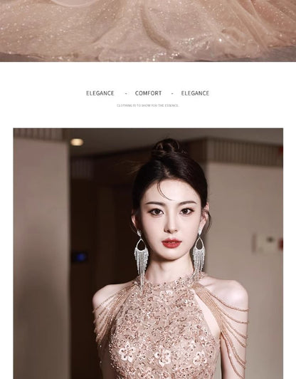 Gown Evening A-Line Neck Sequin Layered Floral Halter Fringed