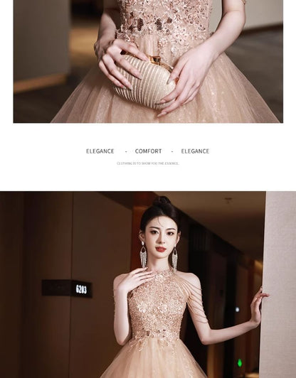 Gown Evening A-Line Neck Sequin Layered Floral Halter Fringed