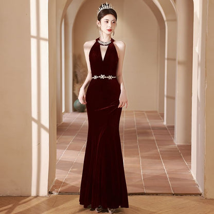 Dress Neck Cutout Accent Mermaid Rhinestone Evening Halter