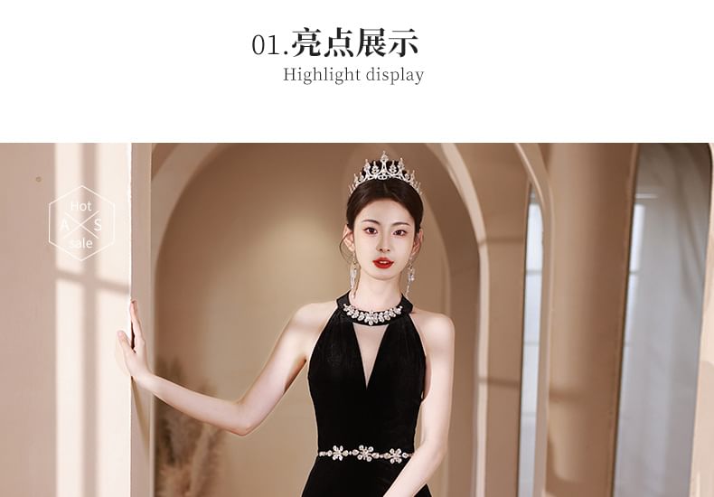 Dress Neck Cutout Accent Mermaid Rhinestone Evening Halter