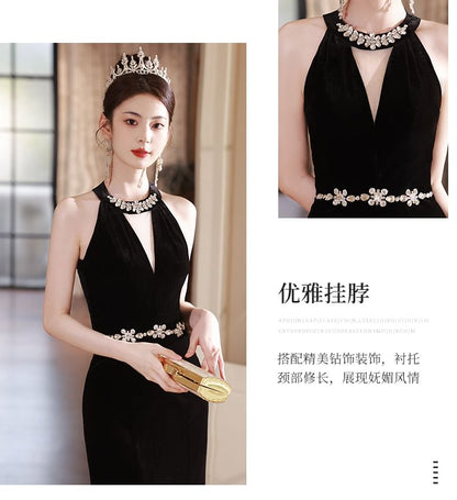 Dress Neck Cutout Accent Mermaid Rhinestone Evening Halter