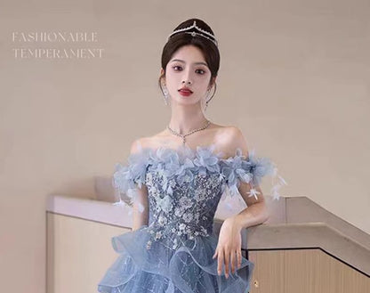 Off-Shoulder Ruffle A-Line Gown Evening Floral Sequin