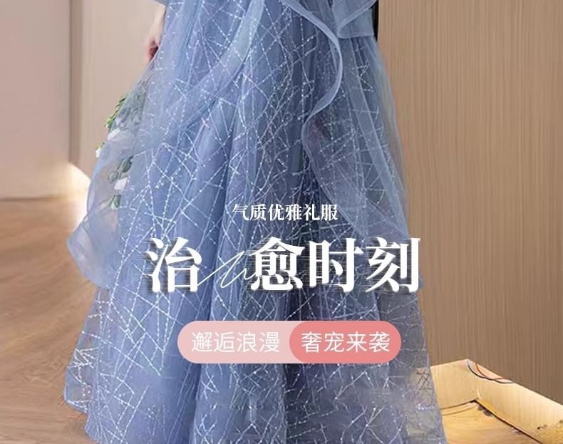 Off-Shoulder Ruffle A-Line Gown Evening Floral Sequin