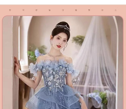 Off-Shoulder Ruffle A-Line Gown Evening Floral Sequin