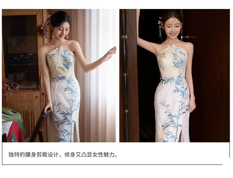 Halter Mermaid Dress Bamboo Evening Slit Neck Embroidered Sequin