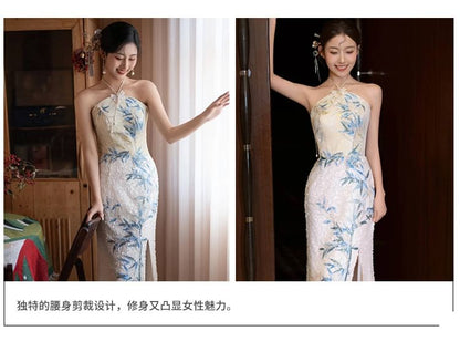 Halter Mermaid Dress Bamboo Evening Slit Neck Embroidered Sequin