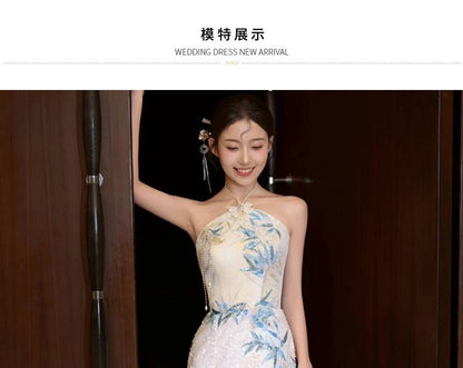 Halter Mermaid Dress Bamboo Evening Slit Neck Embroidered Sequin